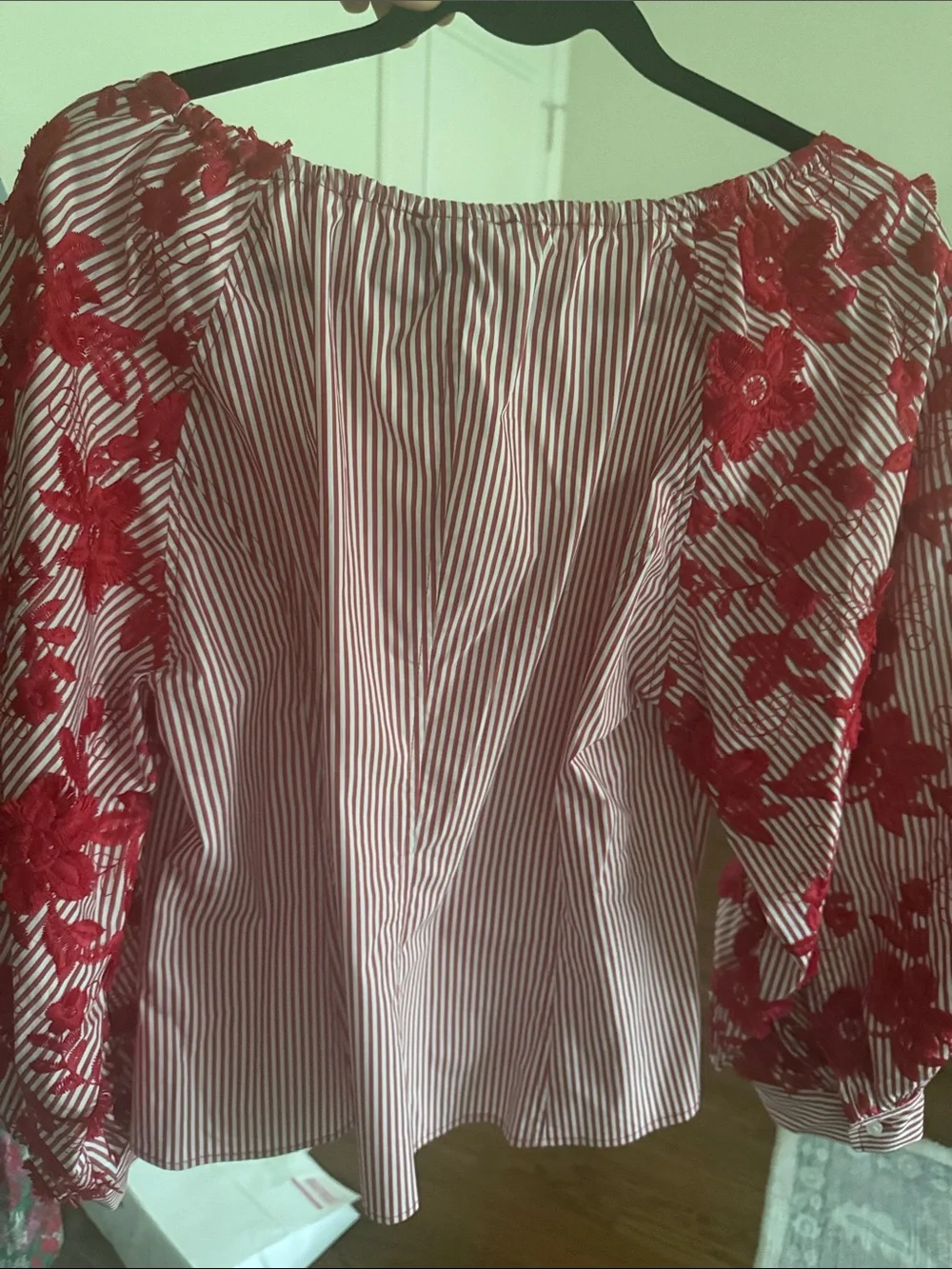 Tuckernuck Red Striped Top with Red Floral Puff Sleeves, NWT